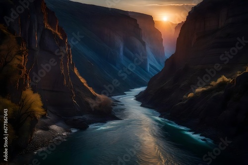 A narrow gorge illuminated by the soft glow of twilight, its towering cliffs creating dramatic silhouettes