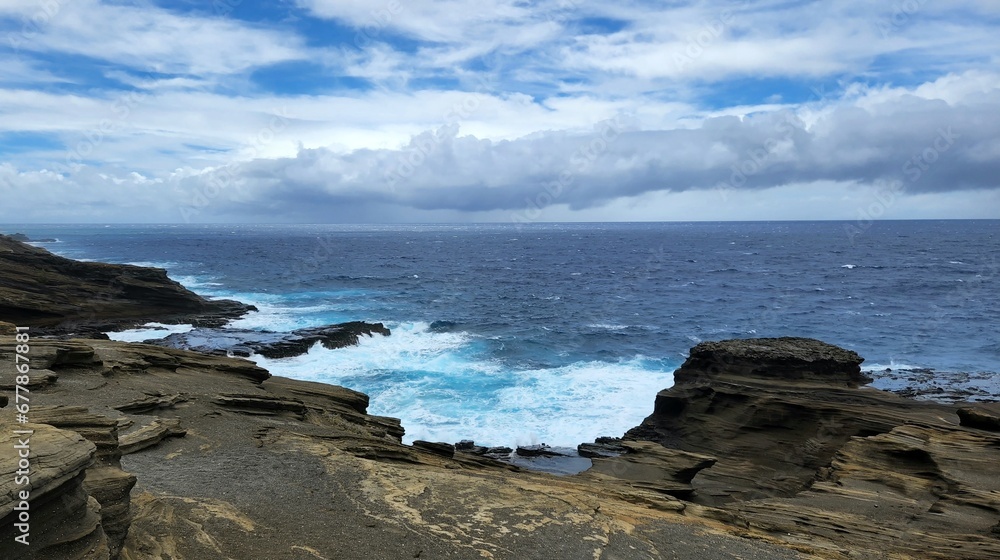 Rocky coastline of Honolulu with splashing waves Rocky coastline of Honolulu with splashing waves