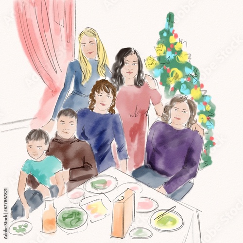 The family at the Christmas table. Christmas illustration. Ukrainian traditions of Christmas celebration	
