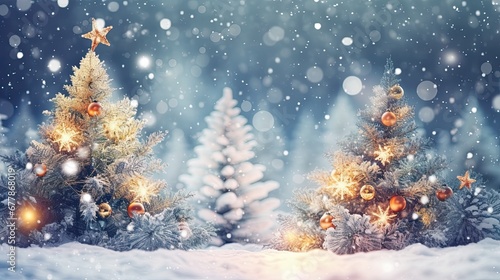 Winter snowy forest with Christmas tree decorated with lights © neirfy