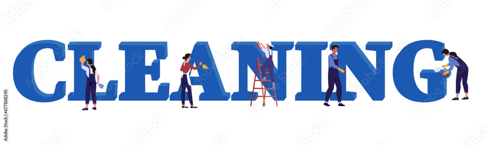 Cleaning service concept. Banner. Tiny people washing the word cleaning. Web site logo. Decorative element. Design Cleaning service concept. Banner. Tiny people washing the word cleaning. Web site logo. Decorative element. Design