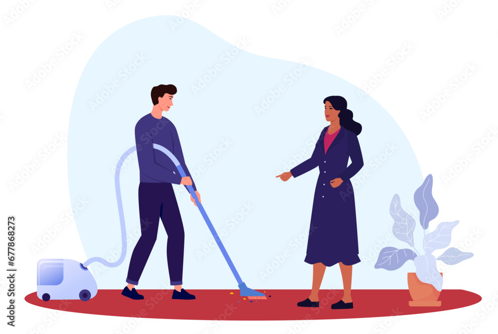 Man cleaning the floor with vacuum cleaner. Woman showing what to do ...