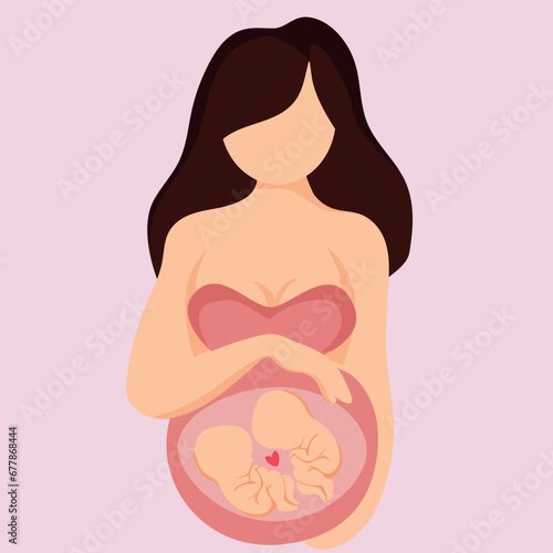 flat character of a girl pregnant with twins in a pink swimsuit, vector illustration