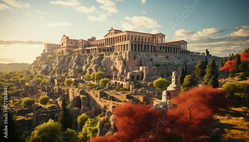 Famous sunset over ancient ruins, a majestic landscape of history generated by AI