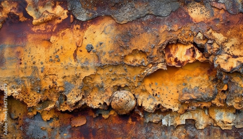 Rusty metal plate on old wall, textured effect and weathered generated by AI
