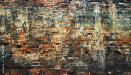 Weathered brick wall with rusty stains and textured orange backdrop generated by AI