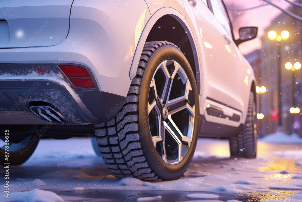 A car with winter tires. The concept of replacing car tires from summer to winter tires.