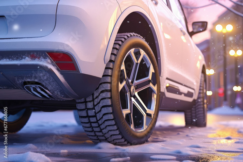 A car with winter tires. The concept of replacing car tires from summer to winter tires.