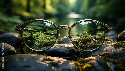 Sunglasses reflect nature summer outdoors, green lens for eyesight generated by AI © Stockgiu