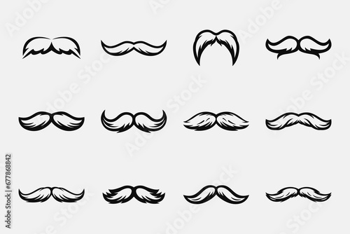 Vector Isolated Mustache Set. Face Party Decoration for Portrait, Stencil. Black and White Flat Illustration, Santa Claus Mustache Shape with Outline, Silhouette. Fathers Day Symbol