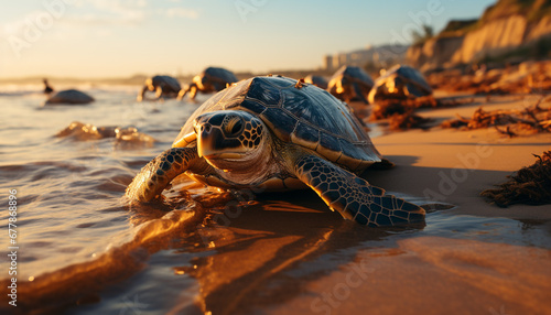 Turtle crawling on sand, enjoying the sunset generated by AI