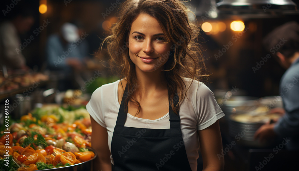 Smiling woman cooking fresh vegetables in a supermarket generated by AI