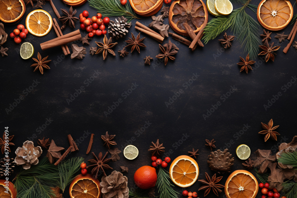 dark background with christmas tree and decorations - obrazy, fototapety, plakaty 