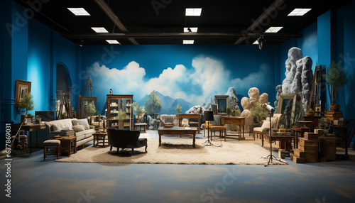 Modern blue chair and table in a comfortable domestic room generated by AI