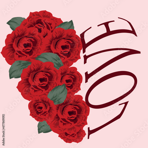 Stylized Valentine's day design with red roses with leaves and text in heart shape, vector illustration
