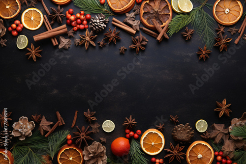 dark background with christmas tree and decorations