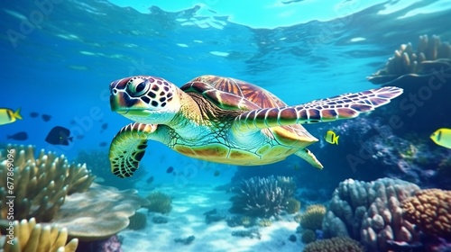 lovely sea turtle cruising around reef