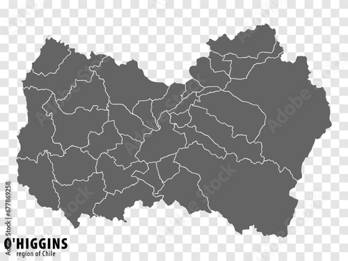 Blank map O'Higgins Region of Chile. High quality map O'Higgins with municipalities on transparent background for your web site design, logo, app, UI. Republic of Chile.  EPS10.