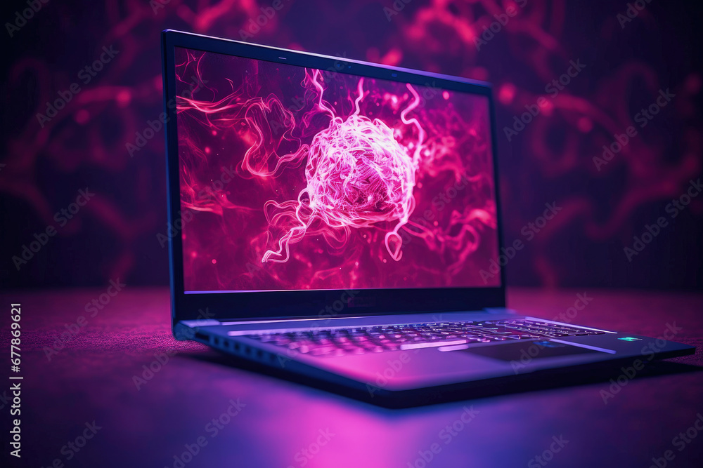Neurons on a laptop screen in a purple neon room. The concept of artificial intelligence development. - obrazy, fototapety, plakaty 