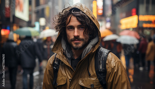 A confident young man walking in the rain, exploring the city generated by AI