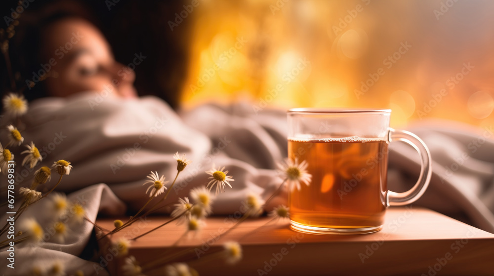 Close-up of a chamomile tea or sleep infusion in a bedroom with a person peacefully sleeping on the background over the bed. - obrazy, fototapety, plakaty 