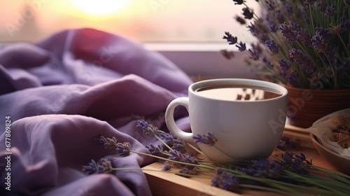 Close-up of a cup of lavender tea or sleep infusion next to a purple bed and decorated with lavandula flowers photo