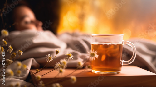 Close-up of a chamomile tea or sleep infusion in a bedroom with a person peacefully sleeping on the background over the bed. photo