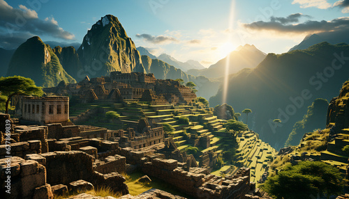 Mountain peak, sunset, ancient ruins, green land generated by AI