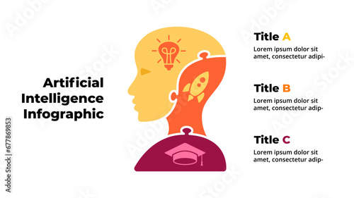 Artificial Intelligence Illustration. Puzzle Robot Infographic Template. Cyborg or Humanoid Vector Silhouette divided into 3 parts. Creative AI Concept. Deep Machine Learning. Future Technologies.