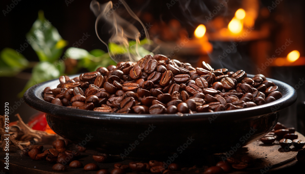 Dark coffee beans on wooden table, steaming hot generated by AI Dark coffee beans on wooden table, steaming hot generated by AI