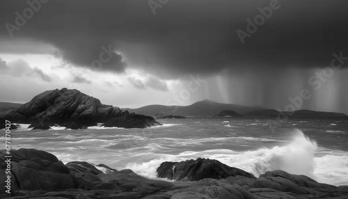 Rough seas crash against rocky coastline in dramatic monochrome beauty generated by AI