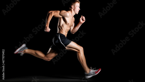 Muscular athlete jumping mid air, shirtless, in black background studio shot generated by AI