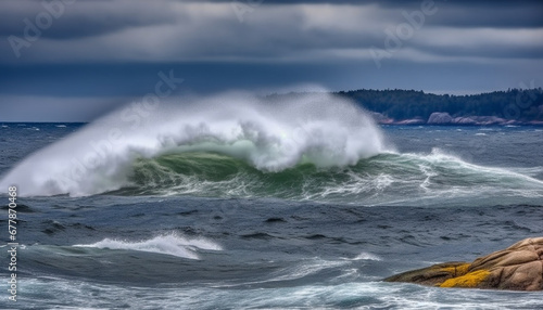 Breaking waves crash on majestic coastline, spray splashing in awe generated by AI