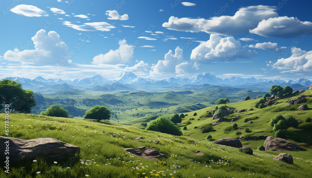 Nature beauty grassy meadows, majestic mountains, and tranquil landscapes generated by AI