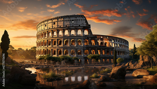 Famous architecture, sunset illuminates ancient ruins, reflecting city rich history generated by AI