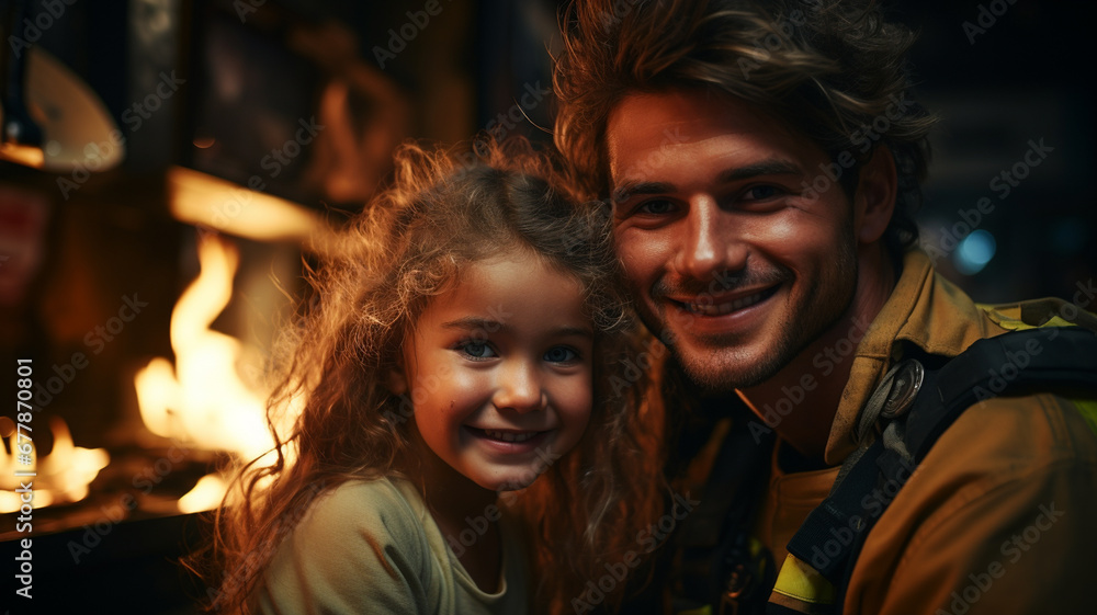 smiling father and daughter in safety helmet at fire station