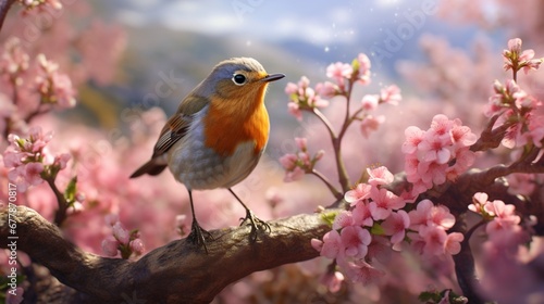robin on a branch with flowers © SAJAWAL JUTT
