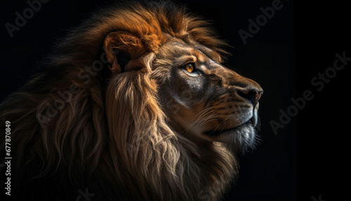 Majestic lion headshot  staring with strength in close up portrait generated by AI