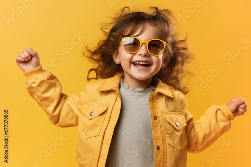 Portrait of a happy smiling curly child girl on yellow background © LunaKate