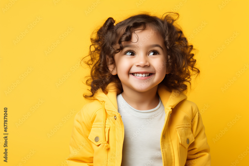 Portrait of a happy smiling curly child girl on yellow background Portrait of a happy smiling curly child girl on yellow background
