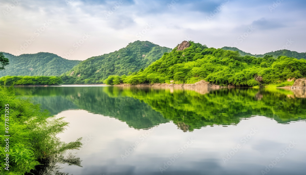 Mountain landscape reflected in water, surrounded by lush forest outdoors generated by AI