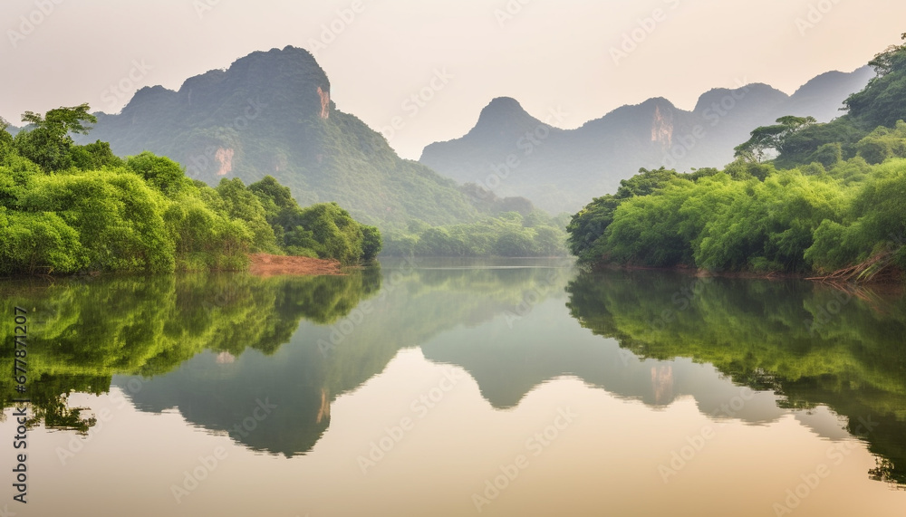 Tranquil sunset view of karst mountain range reflected in pond generated by AI