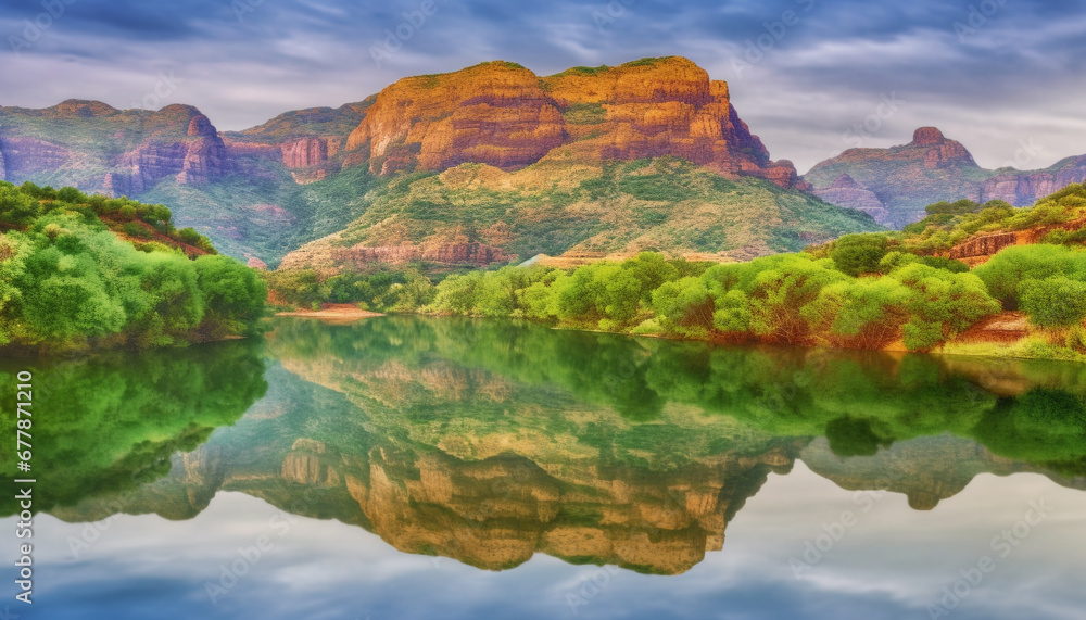 Majestic mountain range reflects in tranquil pond, a natural landmark generated by AI