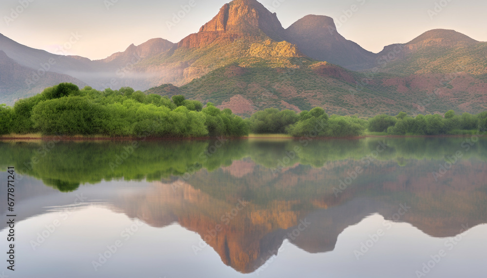 Tranquil scene of green mountain peak reflected in pond water generated by AI
