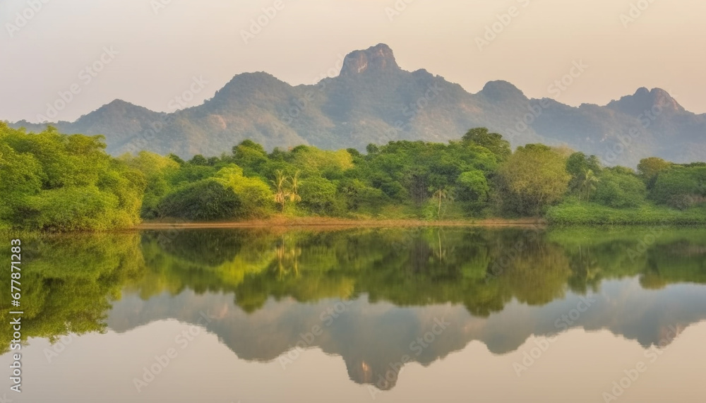Tranquil scene of natural beauty, mountain range reflected in water generated by AI