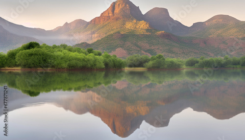 Tranquil scene of green mountain peak reflected in pond water generated by AI