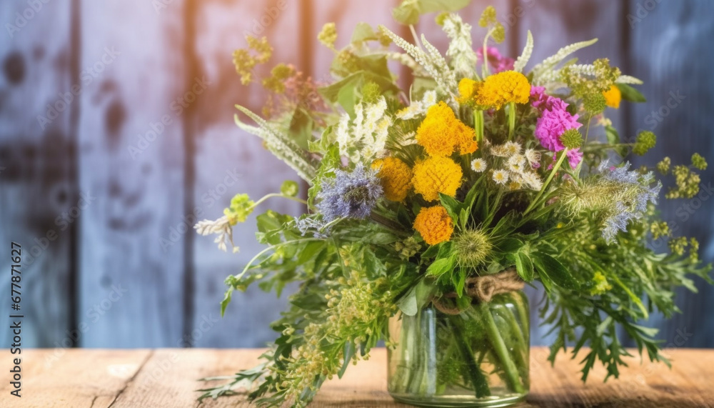 Fresh bouquet of wildflowers in rustic vase for summer celebration generated by AI