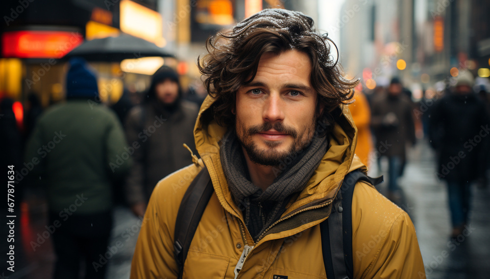 A smiling man walking in the rain, enjoying city life generated by AI A smiling man walking in the rain, enjoying city life generated by AI