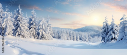 background a picturesque Christmas landscape unfolded as travelers wandered through the snowy forest admiring the elegant white trees and lush green leaves blending harmoniously into the nat © TheWaterMeloonProjec