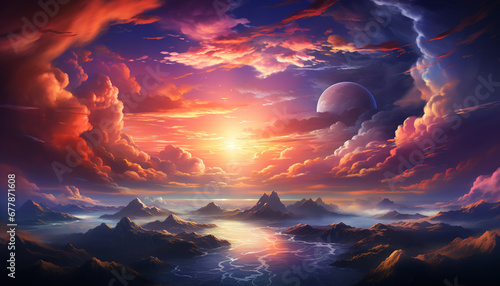 Clouds in the sky create a majestic sunset in nature generated by AI